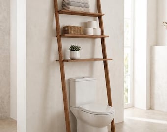 Over the Toilet Ladder Shelf, Wooden Bathroom Storage Organizer, Leaning Shelf for Small Spaces