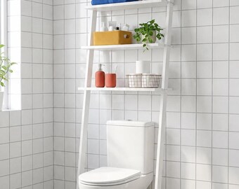 Over the Toilet Ladder Shelf, Wooden Bathroom Storage Organizer, Leaning Shelf for Small Spaces