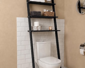 Over the Toilet Ladder Shelf, Wooden Bathroom Storage Organizer, Leaning Shelf for Small Spaces