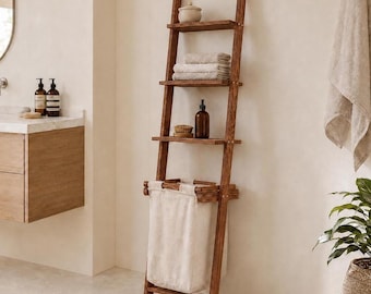 Rustic Pine Ladder Shelf with Laundry Basket: Farmhouse Bathroom Storage