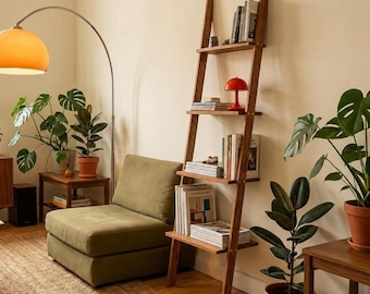 Mid Century Modern Ladder Bookshelf, Narrow Wooden Bookcase, 70s Scandinavian Reading Nook Storage