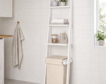 3-Tier Wooden Ladder Shelf with Laundry Basket, Narrow Leaning Bathroom Storage