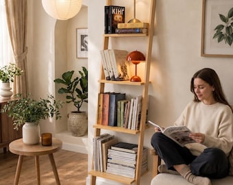 Mid Century Modern Ladder Bookshelf, Narrow Wooden Bookcase, 70s Scandinavian Reading Nook Storage