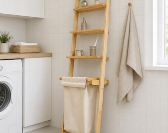 3-Tier Wooden Ladder Shelf with Laundry Basket, Narrow Leaning Bathroom Storage