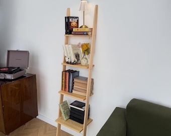 Ladder Bookshelf, Narrow Wooden Bookcase, Small Space Storage Shelf, Leaning Shelving Unit