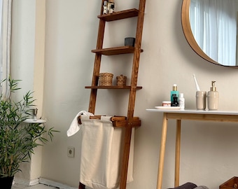 3-Tier Wooden Ladder Shelf with Laundry Basket, Narrow Leaning Bathroom Storage