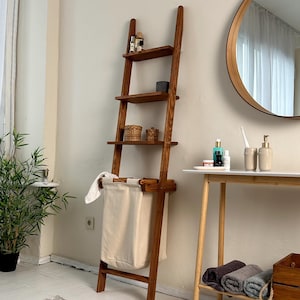 Ladder shelf whith laundry basket for bathroom Leaning shelving unit Rustic shelf Housewarming gift New home gifts for mom Farmhouse decor