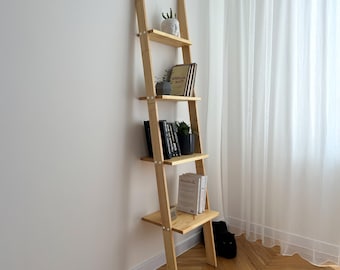 Wood Ladder Shelf: Leaning Bookcase, Space-Saving Design