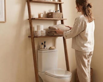 Over the Toilet Ladder Shelf, Wooden Bathroom Storage Organizer, Leaning Shelf for Small Spaces