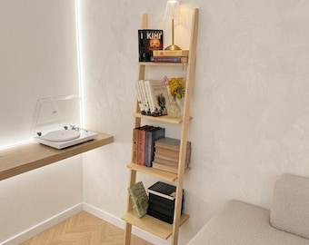 Estantería tipo escalera inclinada, librería estrecha de madera, soporte de exhibición minimalista moderno para libros.
