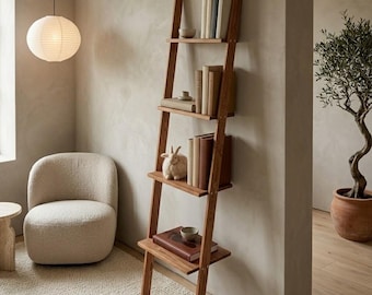 Wooden Ladder Bookshelf, Narrow Leaning Bookcase, Japandi Organic Modern Shelf for Small Spaces