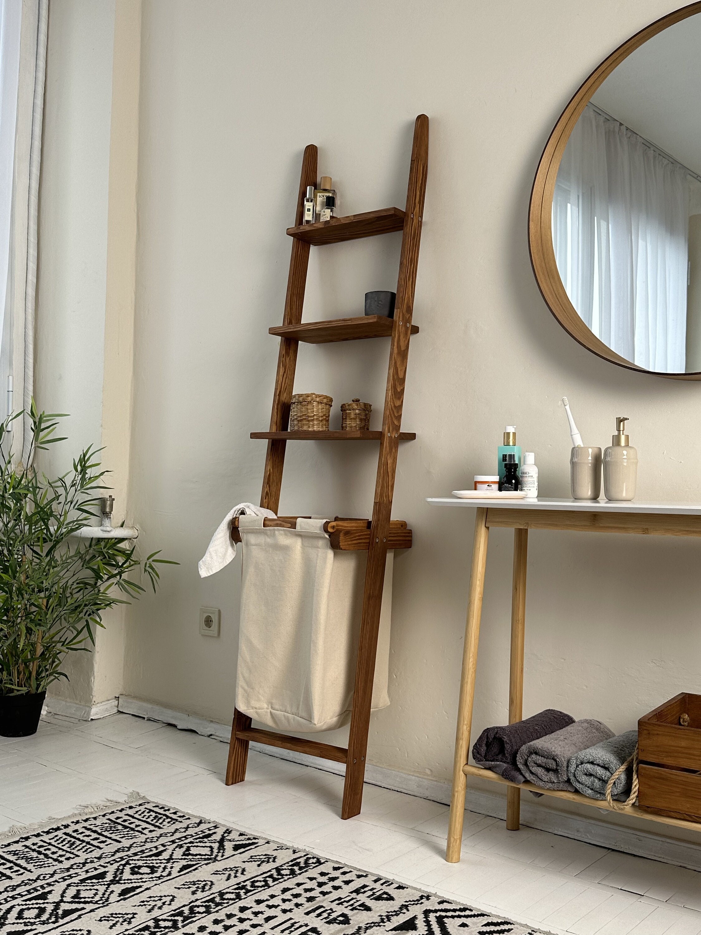 View of Wooden Shelving Laundry Room Wood Basket Holder Blanket Ladder Entryway ...