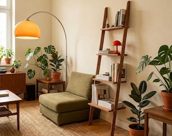 Wooden Ladder Shelf Narrow Bookcase Leaning Bookshelf Slim Storage Home Decor Book Lover Gift