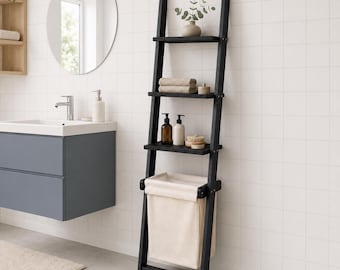Laundry Hamper Shelf with Removable Basket, Wooden Laundry Room Storage Organizer for Small Spaces