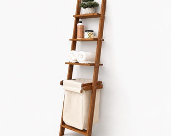 Wooden Ladder Shelf with Removable Laundry Hamper, Narrow Bathroom Storage Organizer