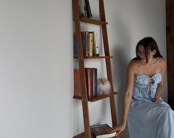 Wooden Ladder Shelf Narrow Bookcase Leaning Bookshelf Slim Storage Home Decor Book Lover Gift