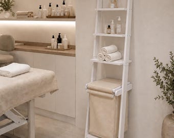 Aufbewahrungsregal aus Holz für Friseursalons mit Wäschekorb, Organizer für Kosmetikstudios, Handtuchablage für Friseursalons, Spa-Regal, schmale Badezimmeraufbewahrung