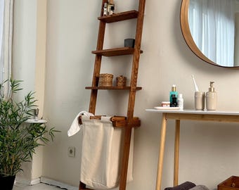 Rustic Pine Ladder Shelf with Laundry Basket: Farmhouse Bathroom Storage