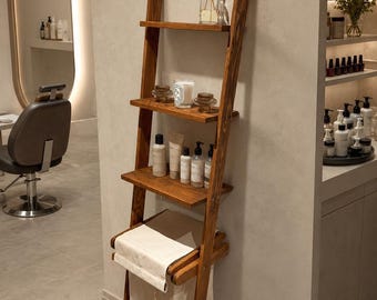 Wooden Salon Storage Shelf with Laundry Hamper, Beauty Salon Organizer, Hair Salon Towel Storage, Spa Shelf, Narrow Bathroom Storage