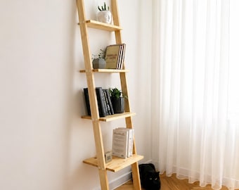 Wooden Book Shelf, Rustic Ladder Bookshelf, Handmade Pine Bookcase, Farmhouse Decor