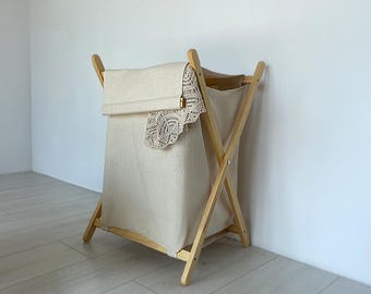 Foldable Wooden Laundry Hamper with Lid, Canvas Organizer