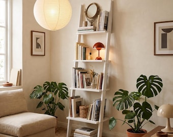 Mid Century Modern Ladder Bookshelf, Narrow Wooden Bookcase, 70s Scandinavian Reading Nook Storage