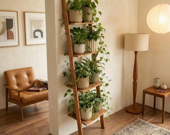 Wooden Plant Stand, Ladder Shelf, Mid Century Living Room Decor, Indoor Plant Display