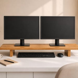 Eiche Massiver Dual Monitor Ständer, Holz Schreibtisch Riser, Home Office Organizer