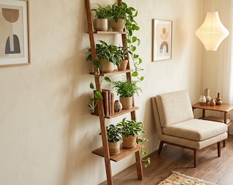 Wooden Plant Stand, Ladder Shelf, Mid Century Living Room Decor, Indoor Plant Display