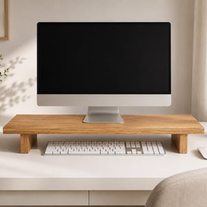 Könnte beinhalten: Ein rechteckiger Monitorständer aus Holz mit natürlicher Maserung und zwei stabilen Seitenstützen. Der Ständer steht auf einem weißen Schreibtisch, trägt einen Computermonitor und bietet Platz für eine weiße Tastatur unter der erhöhten Plattform.