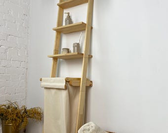 Pine Wood Leaning Ladder Shelf with Laundry Basket: Bathroom Organizer