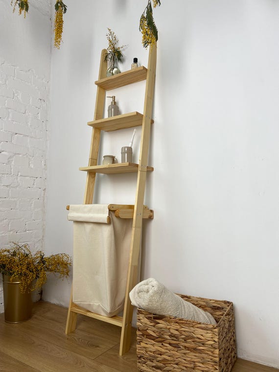 Pine Wood Leaning Ladder Shelf With Laundry Basket: Bathroom