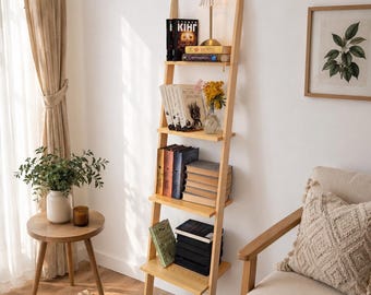 Wooden Book Shelf, Rustic Ladder Bookshelf, Handmade Pine Bookcase, Farmhouse Decor