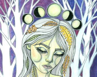 May include: A watercolour painting of a woman with long white hair and closed eyes. She is wearing a crown of leaves and is surrounded by a forest of white trees. The moon is visible in the sky, with four phases of the moon.