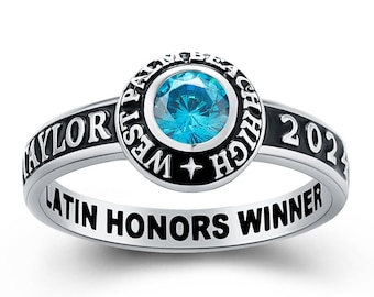 Customized class ring for women high shcool and college sterling silver/ 10K Gold-Jour Nouveau Jewelry