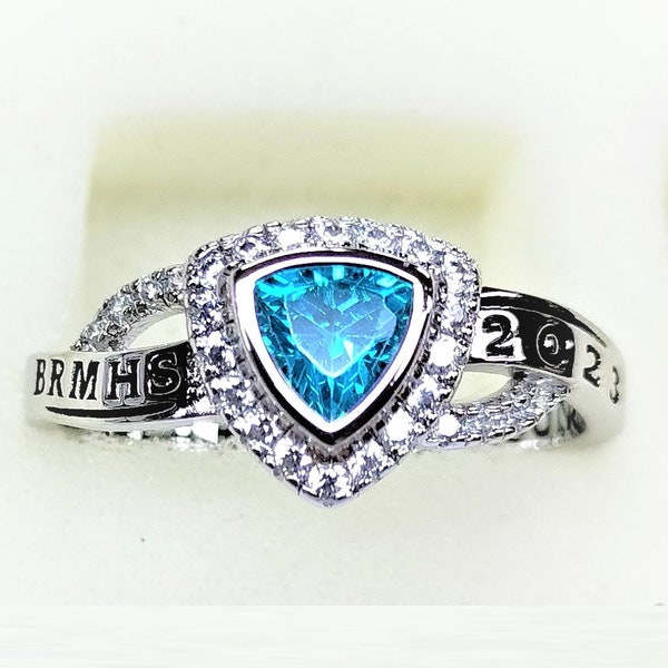 Women's class ring fully customized for high school and college grads sterling silver triangle-Jour Nouveau Jewelry