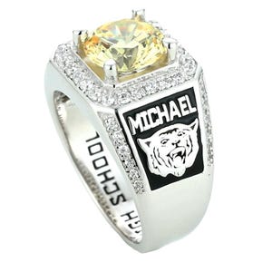 Customized statement class ring for high school and university grads, sterling silver/ 10K gold - Jour Nouveau Jewelry
