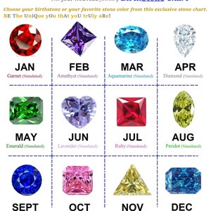 May include: A chart showing the birthstones for each month of the year. The chart features a colorful illustration of each birthstone, with the name of the stone and month listed below. The chart includes the following birthstones: Garnet, Amethyst, Aquamarine, Diamond, Emerald, Lavender, Ruby, Peridot, Sapphire, Tourmaline, Citrine, and Blue Topaz.