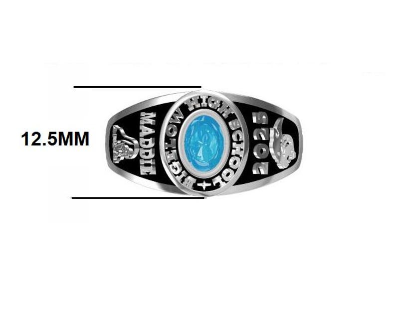May include: A silver class ring with a black background and a blue stone. The ring says "Maddie High School 2023" and has a small image of a dolphin on the side.