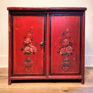 Antique Mongolian, Painted Peony Motif, Sideboard Cabinet. Free Shipping USA