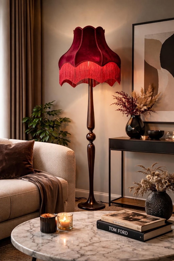 Velvet Fringe Wallnut Floor Lamp, Victorian Vintage Style Standing