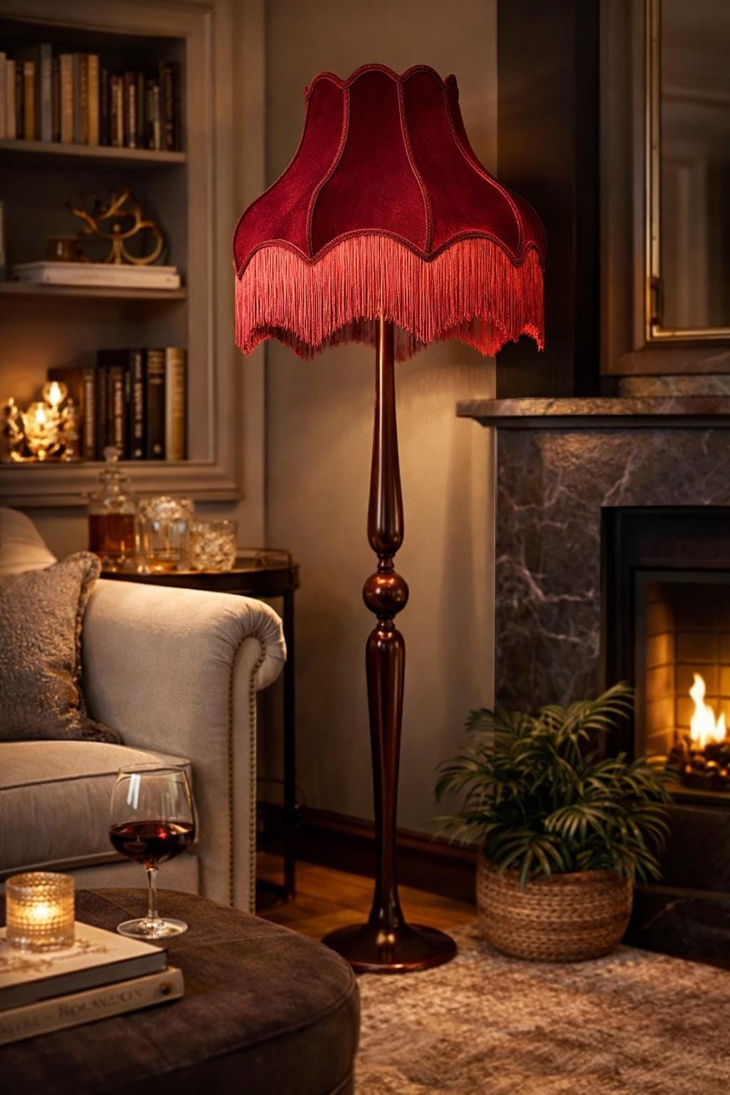 Velvet Fringe Wallnut Floor Lamp, Victorian Vintage Style Standing