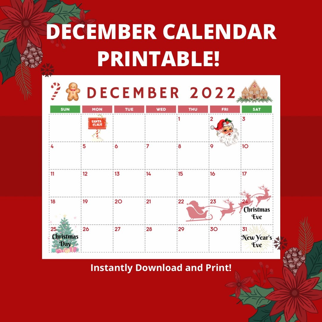 December Calendar Printable - Etsy