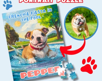 Custom Pet Cartoon Portrait Puzzle, Digital Dog Cat Art, Personalized Pet Jigsaw, Pet Lover Gift, Watercolor Movie Poster Pet Photo Puzzle