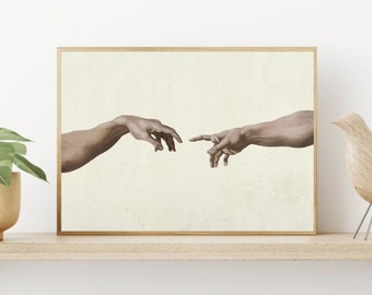 Michelangelo Printable Wall Art, The Creation Of Adam Hands Illustration, Mythology Digital Print Poster, Renaissance Sistine Chapel Fresco