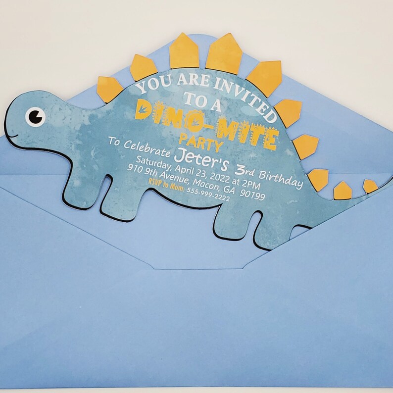 Dinosaur Birthday Party Invitation, PRINTED Invitations, Personalized Birthday Invitations, Blue