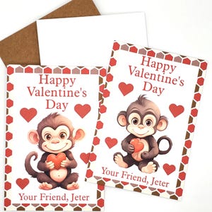 May include: Two Valentine's Day cards featuring a cartoon monkey holding a heart. The cards have a red and brown honeycomb pattern and the text "Happy Valentine's Day" and "Your Friend, Jeter".