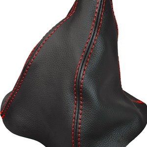 NEW! 1987-1993 Ford Mustang Black Genuine Leather Shift Boot Red Stitch 5 speed Shifter Cover Manual Transmission By AAAUPHOLSTER.com