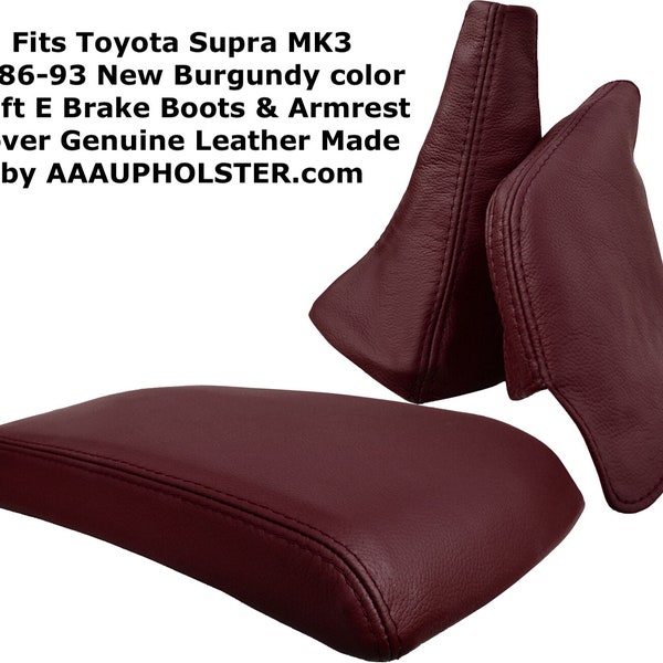 Past op Toyota Supra MK3 1986-93 nieuwe bordeaux kleur Shift E remlaarzen en armsteunhoes echt leer gemaakt door AAAUPHOLSTER.com