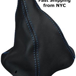 NEW! 1987-1993 Ford Mustang Black Genuine Leather Shift Boot Blue Stitch 5 speed Shifter Cover Manual Transmission By AAAUPHOLSTER.com